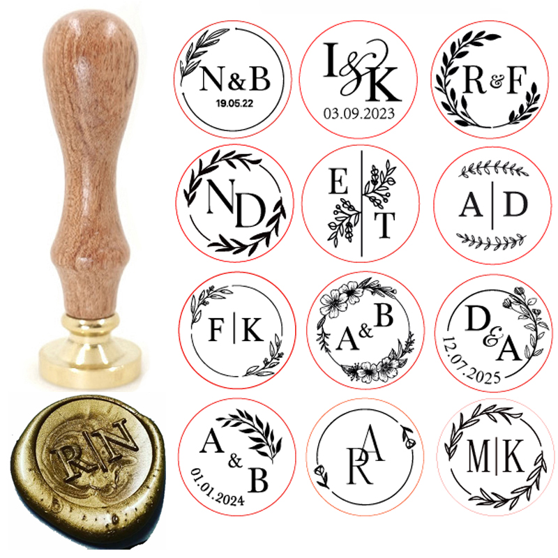 Wax Seal Stamp Set - Maßgefertigter Messing-Wachssiegel mit 2 Initialen-Ornamenten-Kränzen, Vintage-Stil,